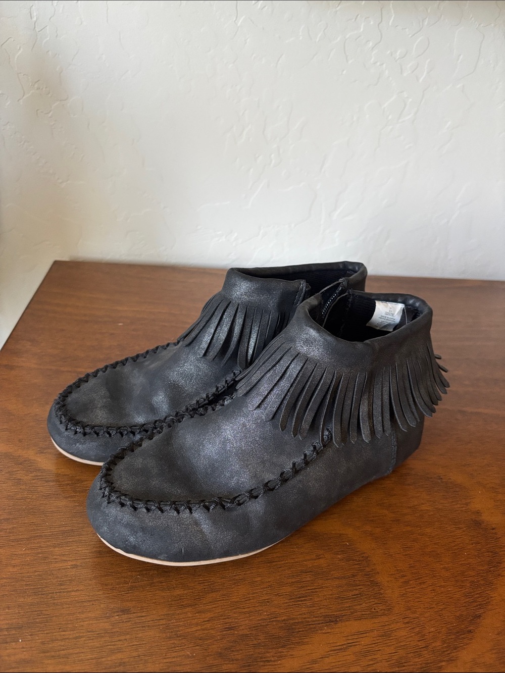 Kids Black Fringe Moccasin Ankle Boots